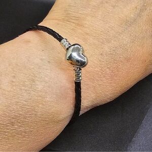 Black Braided Charm Bracelet with Silver Heart Clasp
